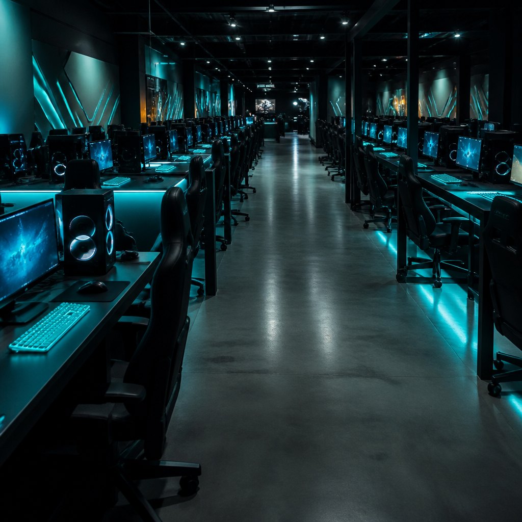 A long row of lit gaming PCs and monitors in the current rows of the club