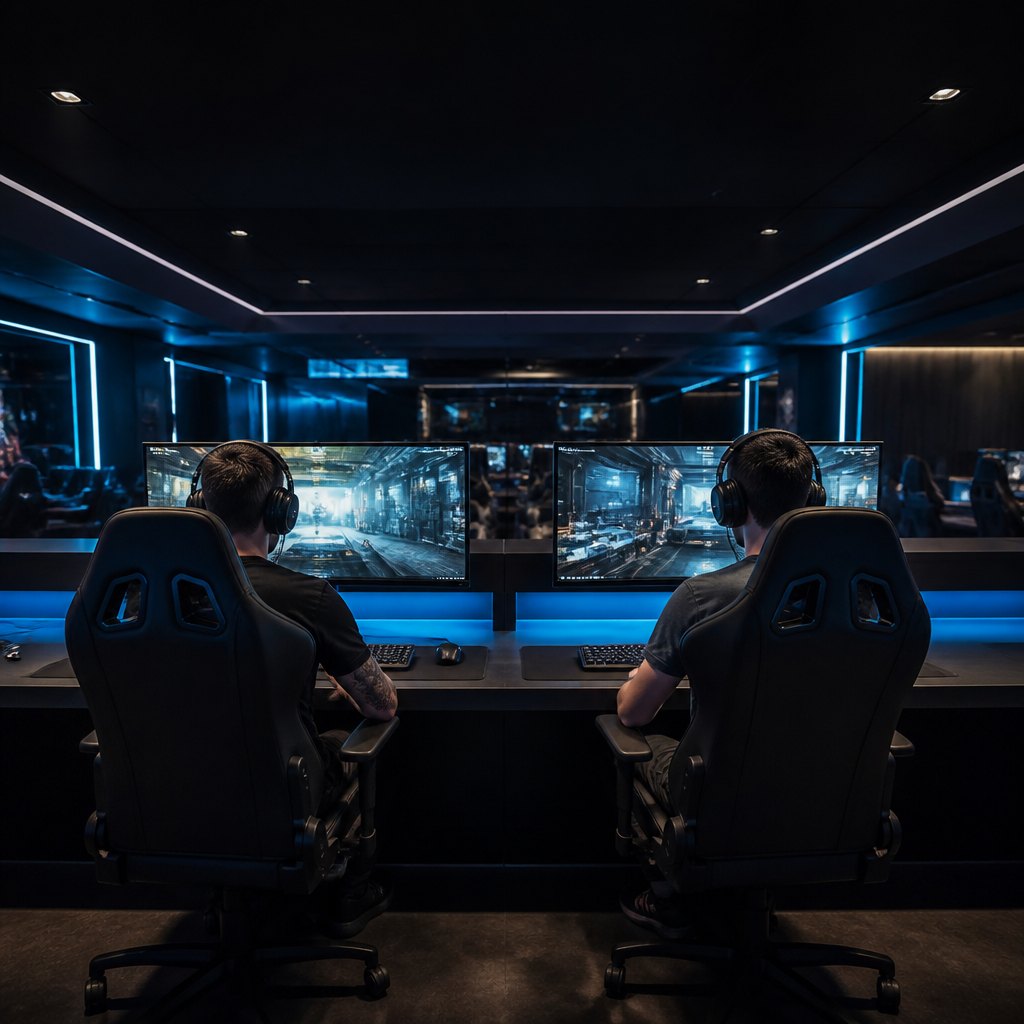 Two gaming seats at a shared wide bench under cyan light, duo setup
